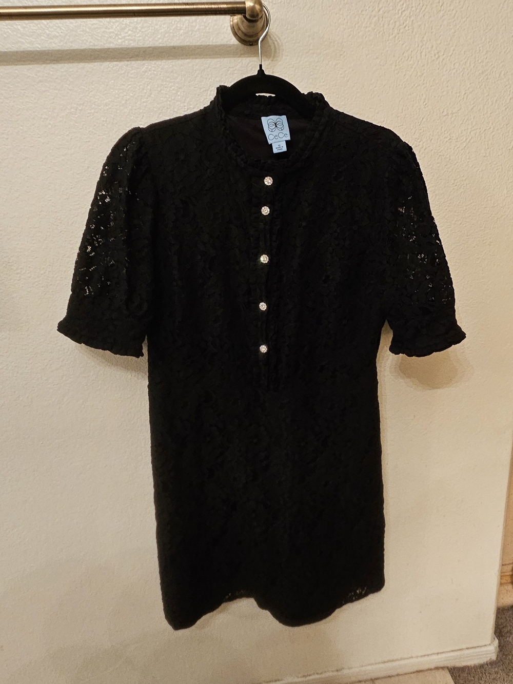 CeCe Black Lace Short Sleeve Button Front Dress
